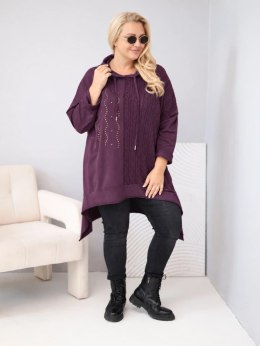 Bluza damska bawełniana Plus Size z kapturem i plecioną wstawką śliwkowa