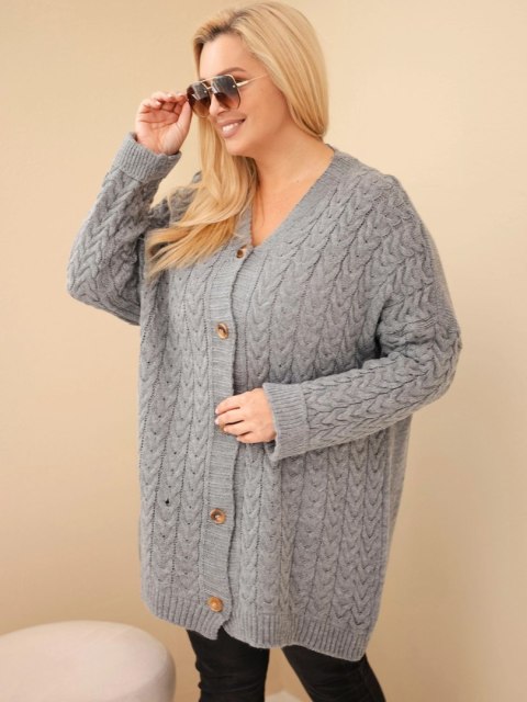 Kardigan damski Plus Size z guzikami i wzorem warkoczowym szary