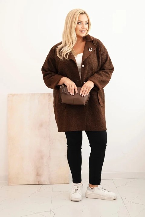 Płaszcz damski Plus Size baranek z wełną i kieszeniami brązowy