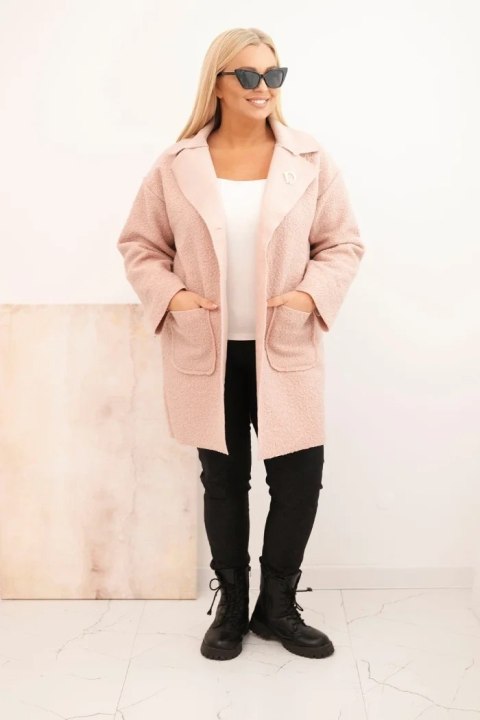Płaszcz damski Plus Size baranek z wełną i kieszeniami pudrowy róż