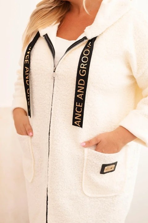 Płaszcz damski Plus Size ze sztucznego baranka z kapturem i kieszeniami ecru
