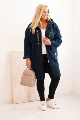 Płaszcz damski Plus Size ze sztucznego baranka z kapturem i kieszeniami granatowy
