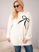 Sweter damski Plus Size z dodatkiem wełny z kokardą beżowy