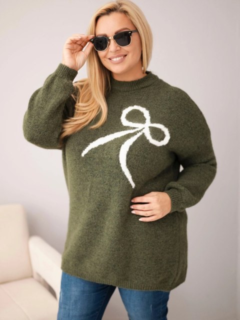 Sweter damski Plus Size z dodatkiem wełny z kokardą khaki