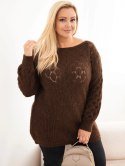 Sweter damski Plus Size z dzianiny ażurowy z długim rękawem brązowy