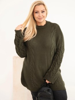 Sweter damski Plus Size z warkoczowym wzorem khaki