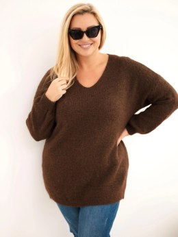 Sweter damski Plus Size z wełną z dekoltem V brązowy