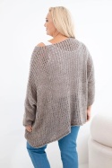 Sweter damski ażurowy oversize z dekoltem V i dłuższym tyłem szary