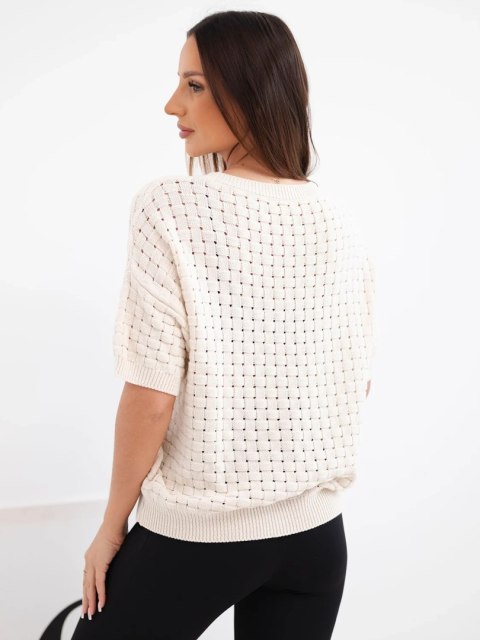 Sweter damski bawełniany ażurowy z krótkim rękawem beżowy