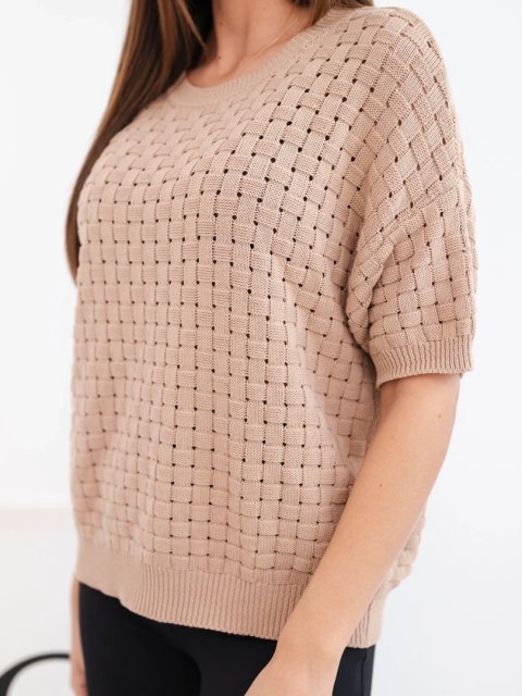 Sweter damski bawełniany ażurowy z krótkim rękawem camelowy