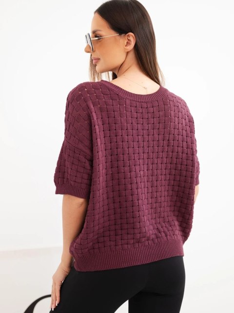 Sweter damski bawełniany ażurowy z krótkim rękawem śliwkowy