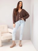 Sweter damski bawełniany oversize na guziki z dekoltem V brązowy