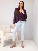 Sweter damski bawełniany oversize na guziki z dekoltem V śliwkowy