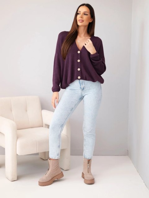 Sweter damski bawełniany oversize na guziki z dekoltem V śliwkowy