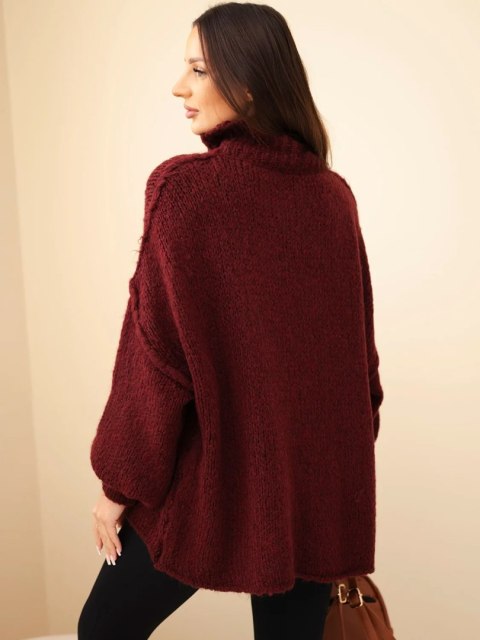 Sweter damski oversize z dodatkiem wełny z golfem i szerokimi rękawami bordowy