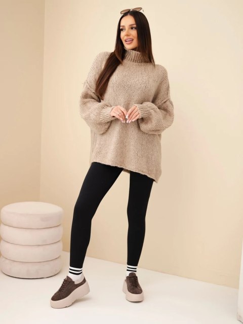 Sweter damski oversize z dodatkiem wełny z golfem i szerokimi rękawami ciemny beżowy