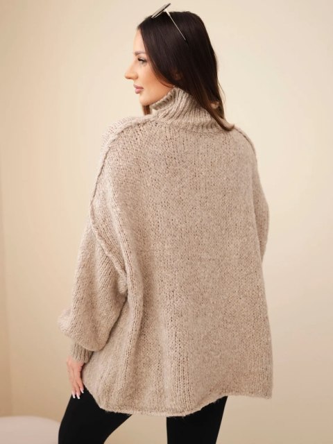 Sweter damski oversize z dodatkiem wełny z golfem i szerokimi rękawami ciemny beżowy
