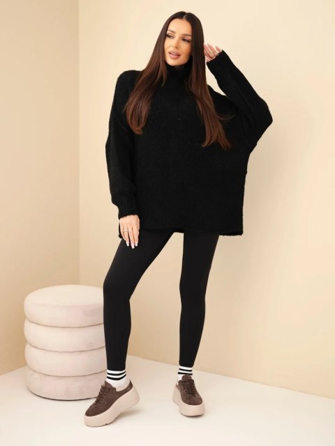 Sweter damski oversize z dodatkiem wełny z golfem i szerokimi rękawami czarny
