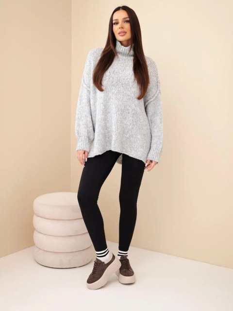 Sweter damski oversize z dodatkiem wełny z golfem i szerokimi rękawami szary