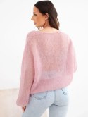 Sweter damski w 70% z kid moheru z dekoltem V o luźnym fasonie pudrowy róż