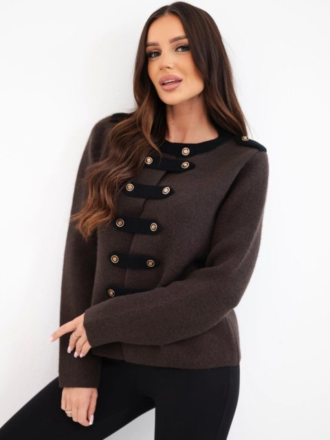 Sweter damski z ozdobnymi guzikami brązowy