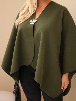 Narzutka damska ponczo Plus Size z broszką khaki