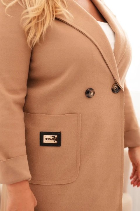 Płaszcz damski elegancki Plus Size z kołnierzem i dużymi kieszeniami camelowy