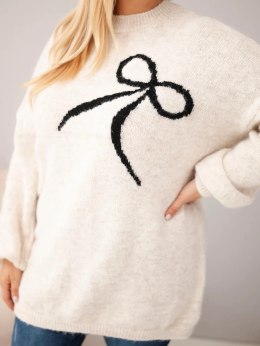 Sweter damski Plus Size z dodatkiem wełny z kokardą beżowy