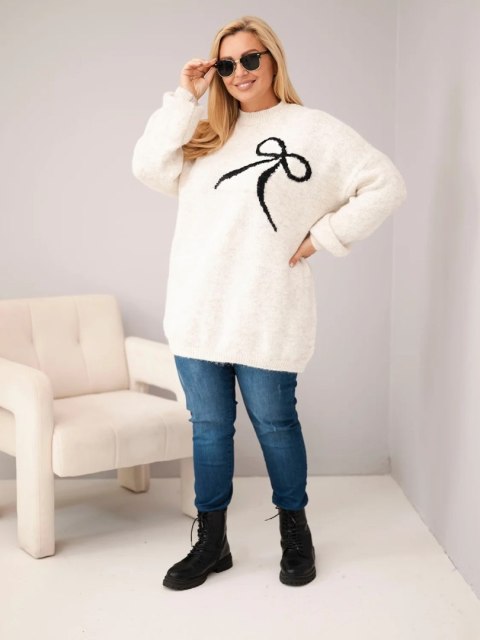 Sweter damski Plus Size z dodatkiem wełny z kokardą beżowy