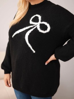 Sweter damski Plus Size z dodatkiem wełny z kokardą czarny