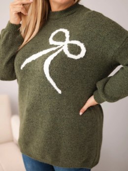 Sweter damski Plus Size z dodatkiem wełny z kokardą khaki