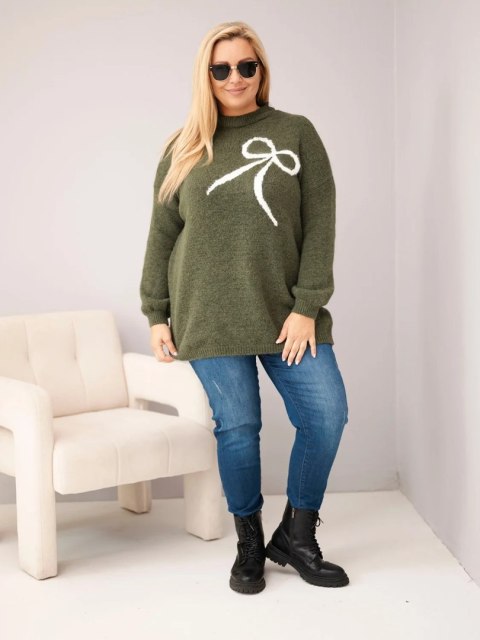 Sweter damski Plus Size z dodatkiem wełny z kokardą khaki