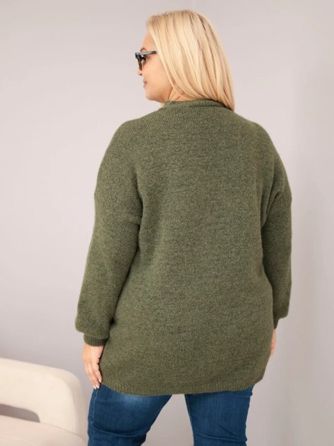 Sweter damski Plus Size z dodatkiem wełny z kokardą khaki