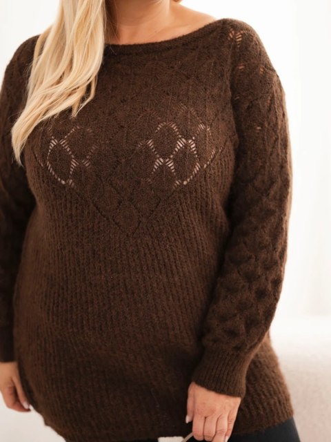 Sweter damski Plus Size z dzianiny ażurowy z długim rękawem brązowy