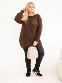 Sweter damski Plus Size z dzianiny ażurowy z długim rękawem brązowy
