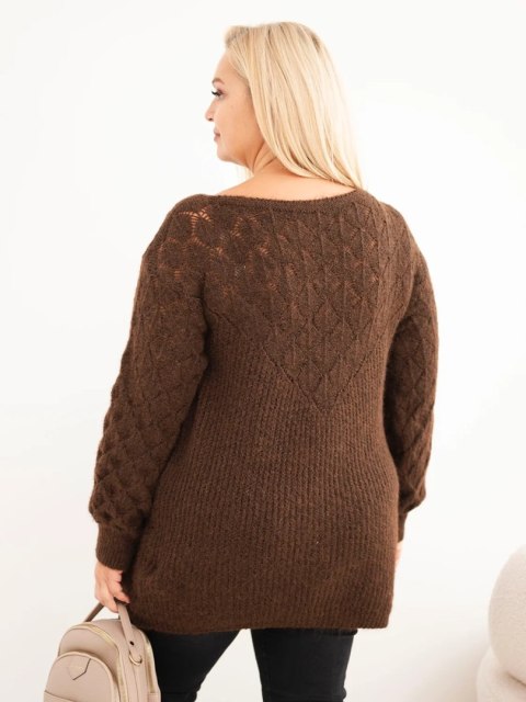 Sweter damski Plus Size z dzianiny ażurowy z długim rękawem brązowy