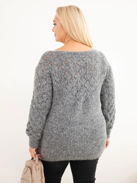Sweter damski Plus Size z dzianiny ażurowy z długim rękawem grafitowy