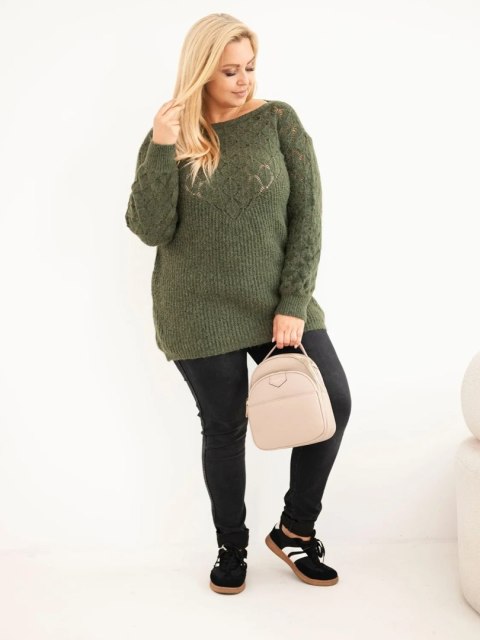 Sweter damski Plus Size z dzianiny ażurowy z długim rękawem khaki