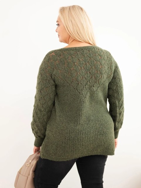 Sweter damski Plus Size z dzianiny ażurowy z długim rękawem khaki