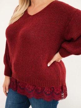 Sweter damski Plus Size z koronkowym dołem bordowy