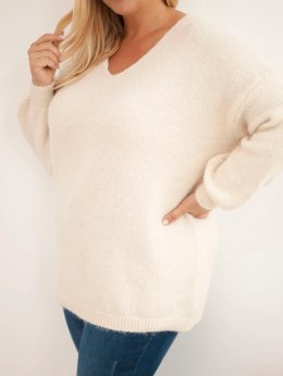 Sweter damski Plus Size z wełną z dekoltem V beżowy