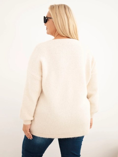 Sweter damski Plus Size z wełną z dekoltem V beżowy