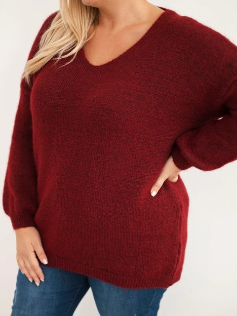 Sweter damski Plus Size z wełną z dekoltem V bordowy