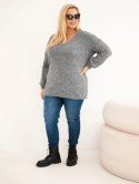 Sweter damski Plus Size z wełną z dekoltem V grafitowy
