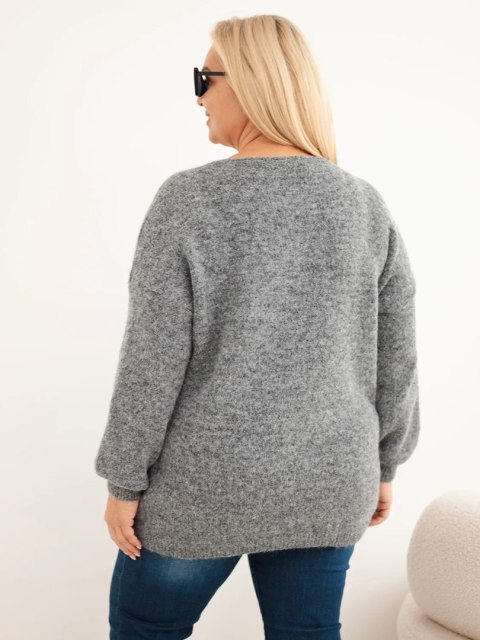 Sweter damski Plus Size z wełną z dekoltem V grafitowy