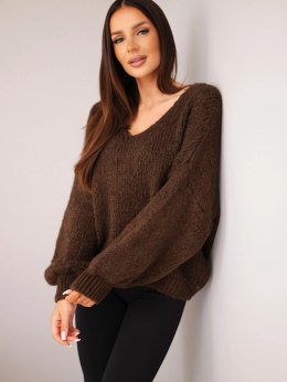 Sweter damski z dodatkiem wełny luźny fason brązowy